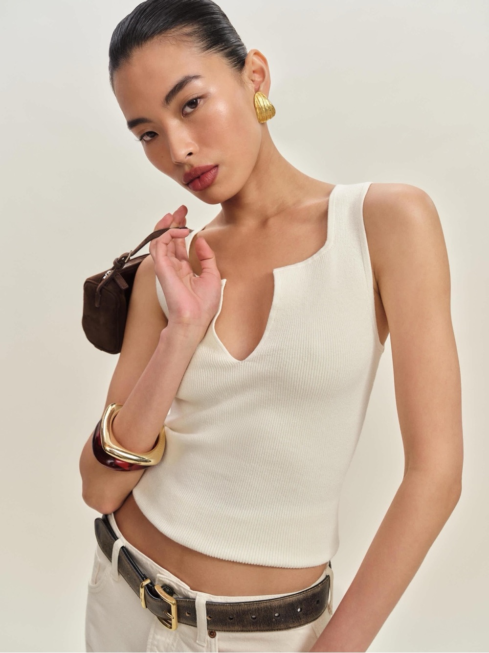 Reformation rylie cotton Ribbed V-Neck Tank Top in Cream